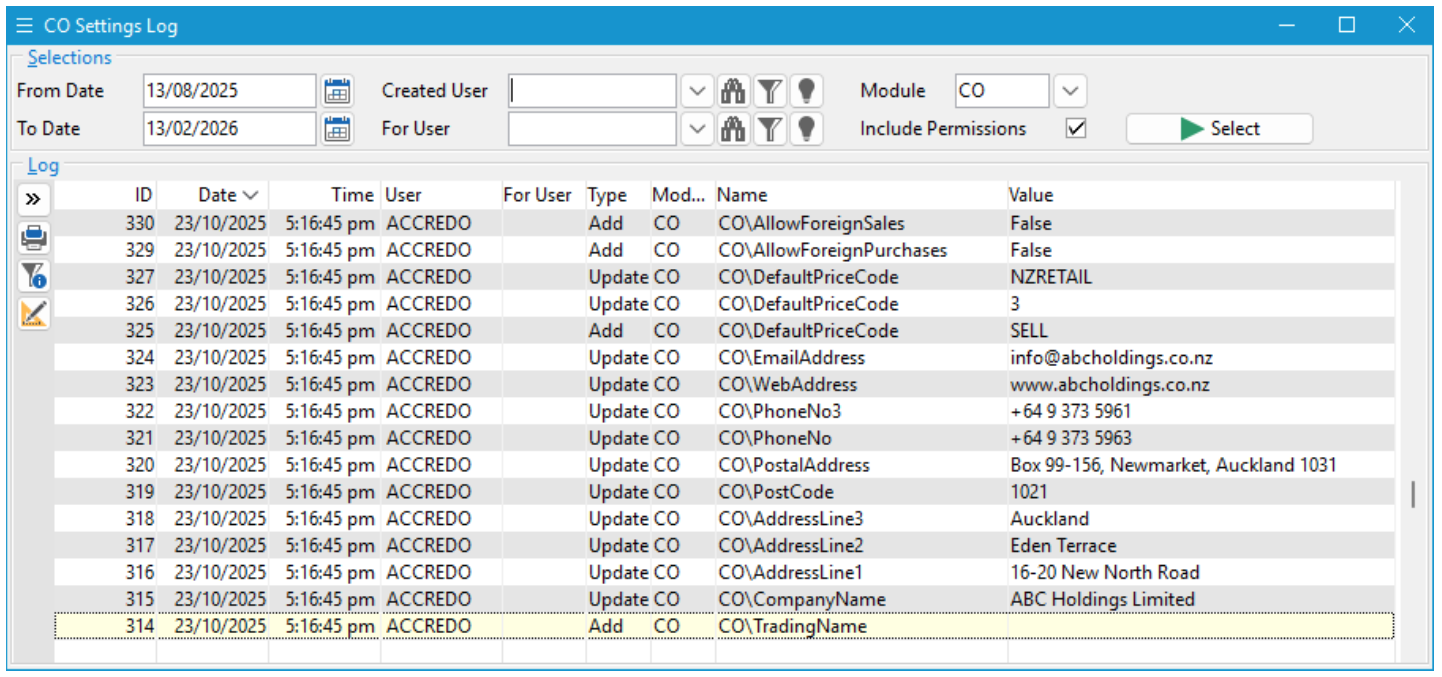 Company Settings Log